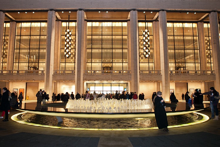People wait around the fountain at Lincoln Center for the opening of Shen Yun