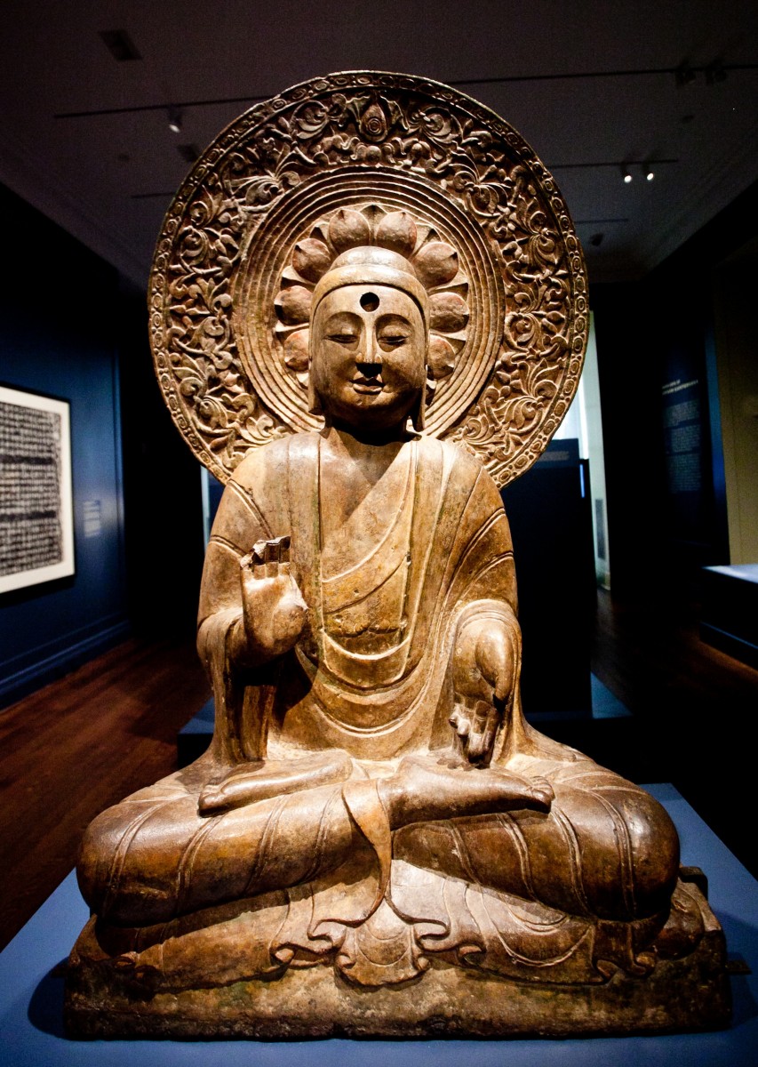 A seated Buddha with an elaborate halo embellished with floral and vegetal motifs is on exhibition at the Institute for the Study of the Ancient World (ISAW) at New York University from Sept. 11 through Jan. 6, 2013.