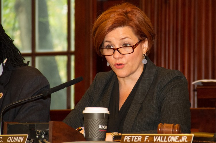  New York City Council Speaker Christine C. Quinn speaks at a legislative hearing regarding stop-and-frisk legislation on Oct. 9, 2012. (Benjamin Chasteen/The Epoch Times)