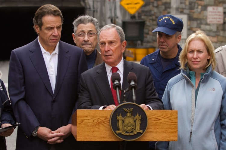 New York City Mayor Michael Bloomberg gives an update of the Battery Park Tunnel after flooding from Hurricane Sandy filled it. Gov. Andrew Cuomo (L) and Kirsten Gillibrand (R) also attended the press conference, Nov. 1. (Benjamin Chasteen/The Epoch Times)