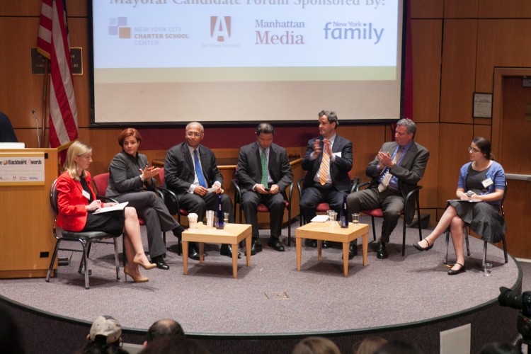  The five leading candidates for New York City mayor outlining some of their views on education in New York on Nov. 19. (Second to L-R) Christine Quinn, speaker of the City Council; William Thompson, former city comptroller; John Liu, current city comptroller; Tom Allon, owner of Manhattan Media; and Bill de Blasio, public advocate. (Benjamin Chasteen/The Epoch Times) 