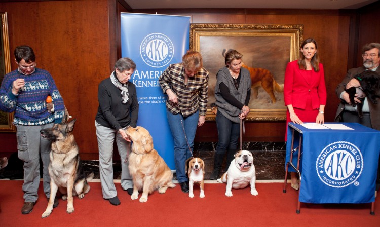  American Kennel Club spokesperson Lisa Peterson (2nd from R) announced the most popular dog breeds in New York City on Jan 30. (Samira Bouaou/The Epoch Times)
