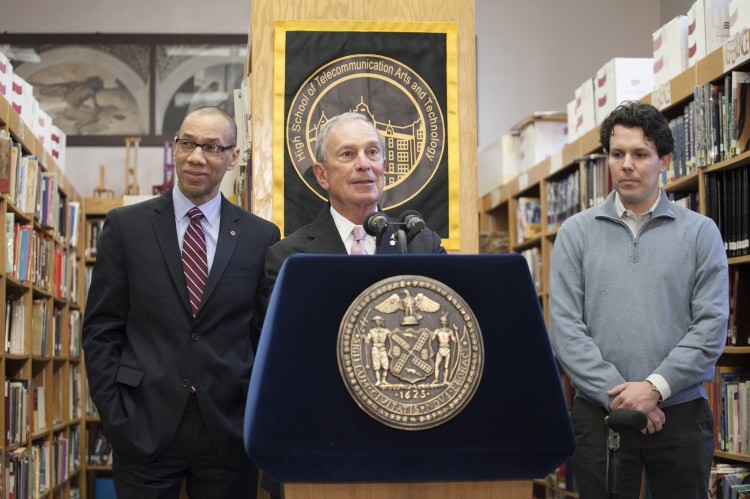 Schools Chancellor Dennis M. Walcott, Mayor Mike Bloomberg and AppNexus Cofounder and Chief Technology Officer Mike Nolet at announcement to expand Computer Science and Software Engineering classes to 20 schools in New York on Feb. 25, 2013. Deborah Yun/The Epoch Times)