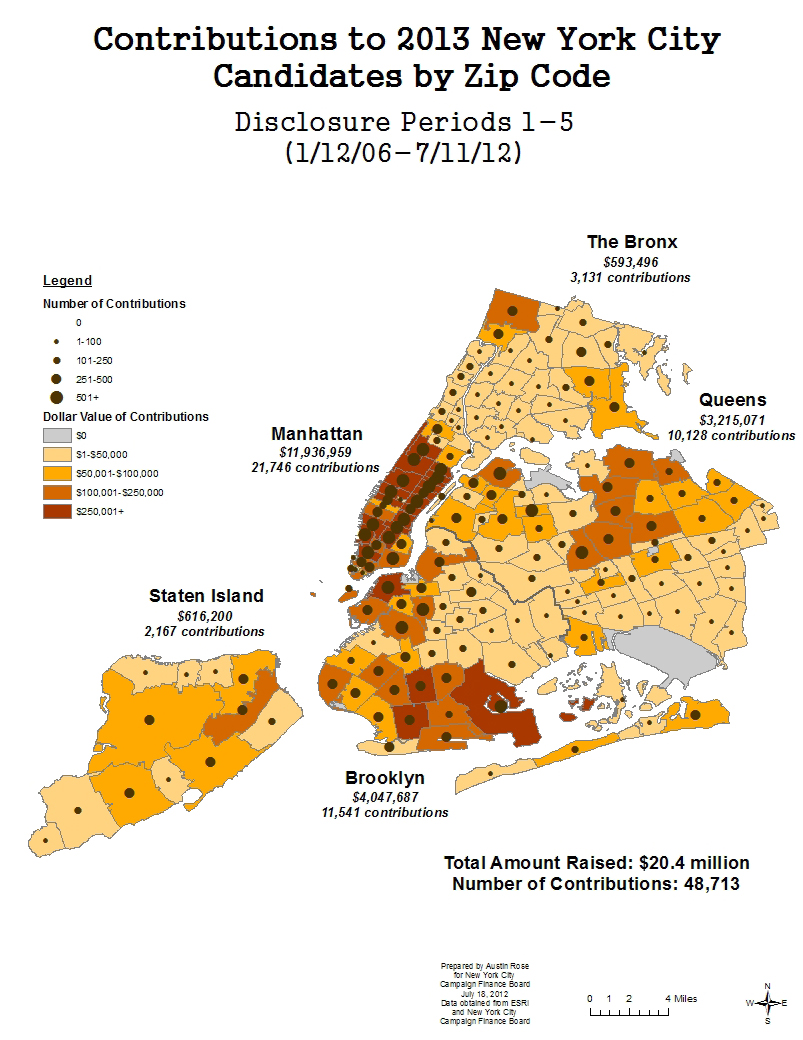 Contributions to 2013 New York City candidates by zip code. (Courtesy New York City Campaign Finance Board)