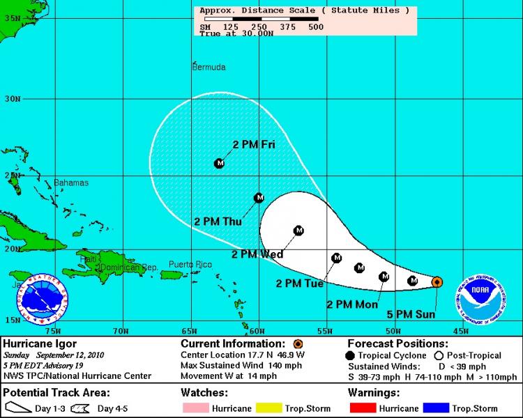 HURRICANE IGOR: Five day track map issued on Sunday Sept 12. (NOAA.com)