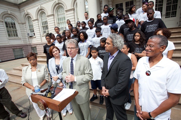FUN SUMMER LEARNING: Manhattan District Attorney Cyrus R. Vance Jr. announced a summer youth internship program outside the City Hall on Wednesday.  (Amal Chen/The Epoch Times)