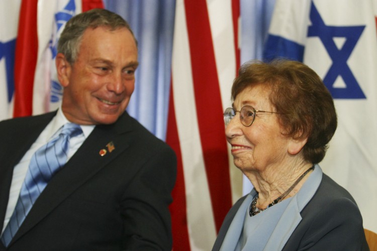 A file photo of New York City Mayor Michael Bloomberg with his mother, Charlotte in 2003 in Jerusalem, Israel. Charlotte, died at age 102 in her West Medford, Mass., home of 66 years on Sunday.  (David Bloomberg-Pool/Getty Images)