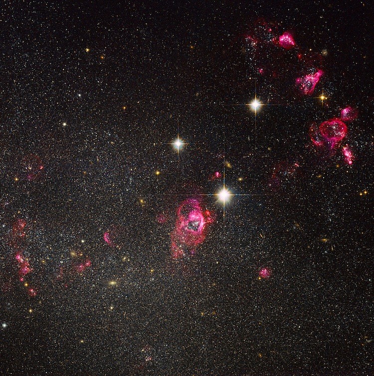 The NASA/ESA Hubble Space Telescope has captured this image of dwarf irregular galaxy Holmberg II. It is a composite of visible and near-infrared exposures taken using the Wide Field Channel of Hubble's Advanced Camera for Surveys. (NASA & ESA)