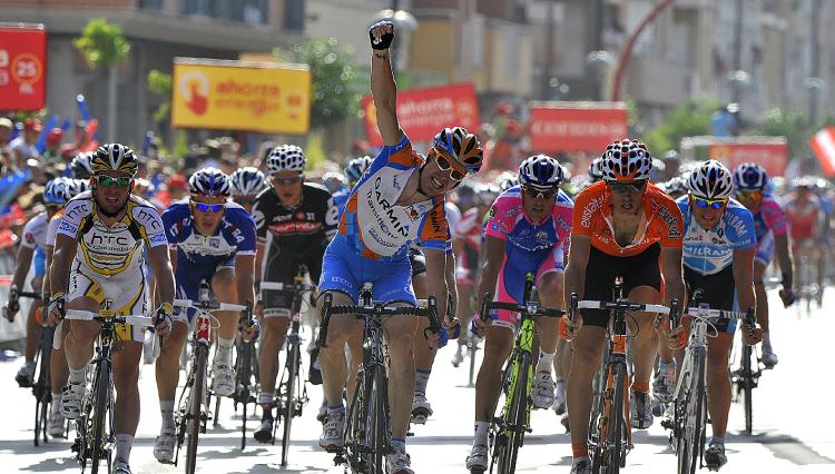 Tyler Farrar of Garmin-Transitions celebrates as he crosses the finish line of Stage Five of the Vuelta a Espana. (Jose Jordan/AFP/Getty Images)