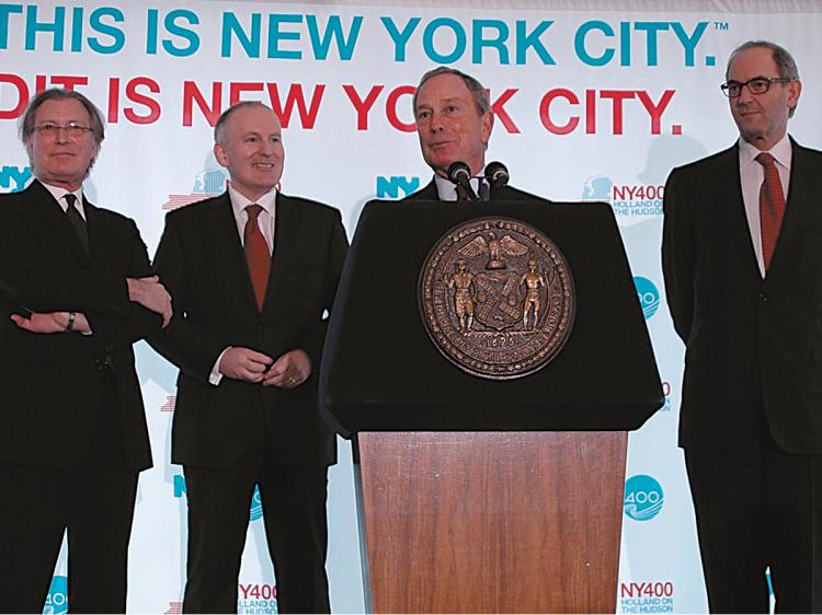 NYC and CO. CEO George Fertitta (L), Dutch Architect Ben van Berkel (L,C), Mayor Bloomberg (C), Mayor of Amsterdam Job Cohen (R) at a press conference announcing a year long celebration of the 400th anniversary of sailor Henry Hudson landing in New York. (The Epoch Times)