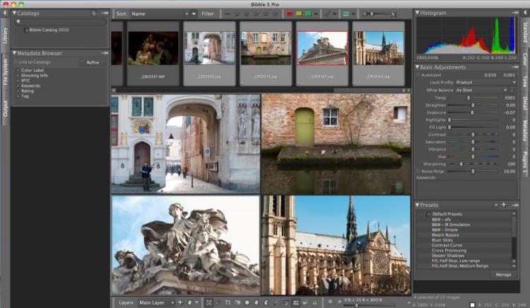 Four photos being adjusted in the main workspace of Bibble 5 Pro, from Bibble Labs. The professional photo editing application allows users to work with up to four images at once. (Joshua Philipp/The Epoch Times)