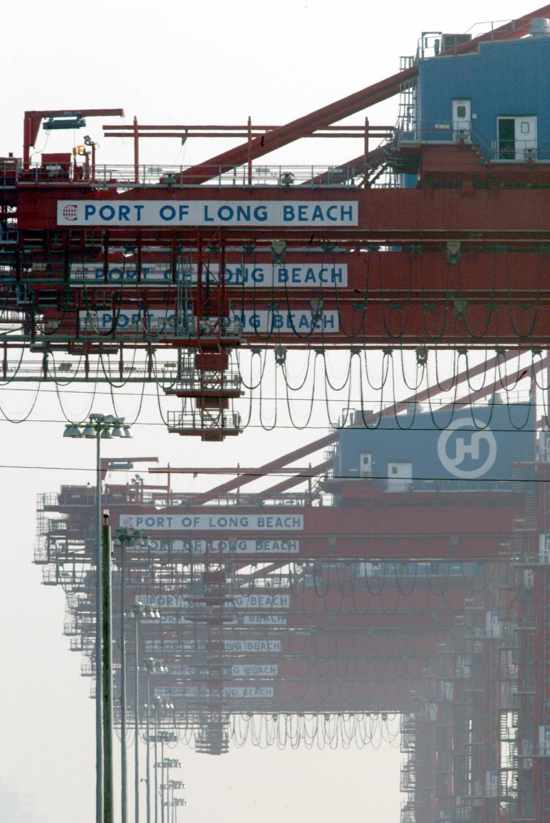 Cranes at the Port of Los Angeles in Long Beach. The combined LA/Long Beach Seaport is the eighth-largest port complex in the world. The number of containers coming and going through the seaport exceeded 38,000 per day in 2011. (Photo HECTOR MATA/AFP/Getty Images) 
