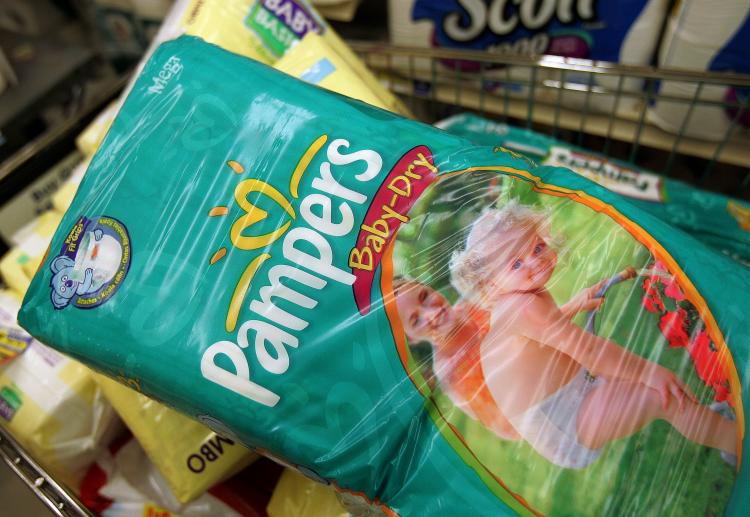 Procter & Gamble-brand Pampers diapers sit in a shopping cart in a grocery store in Chicago, Illinois. P&G saw its shares tumble on Thursday, due to a rumored trading error on its shares. (Tim Boyle/Getty Images)