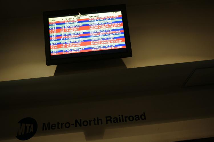 A Metro North Railroad display is seen in Grand Central Terminal in New York. The Metro-North Railroad service was temporarily disrupted today because of a fire at the 138th Street bridge over the Harlem river.  (Chris Hondros/Getty Images)
