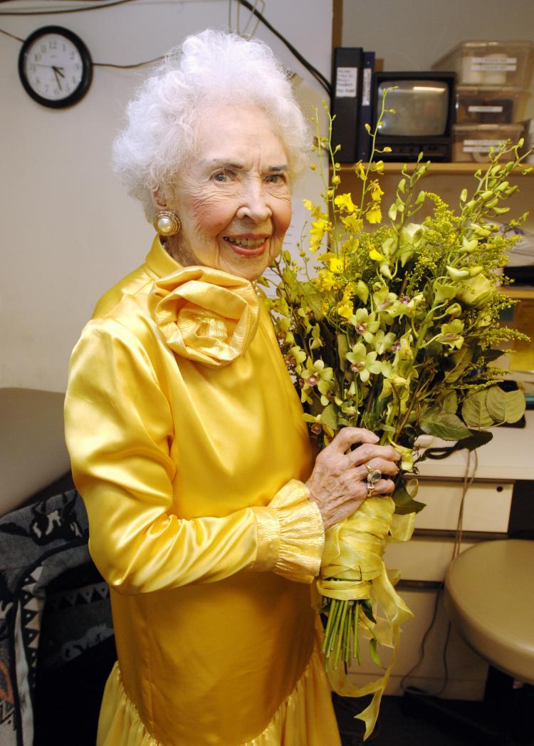 Doris Eaton Travis, shown here as 102 years old, in her dressing room at the New Amsterdam Theater in  April 2006. Travis passed away this Tuesday at the age of 106, she was the last of the Ziegfeld Follies showgirls.  (Stan Honda/Getty Images)