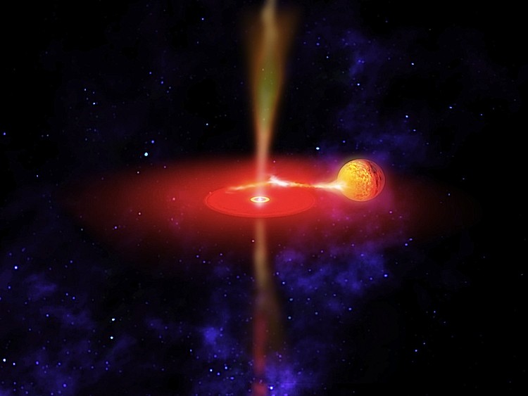 Artist's concept of the flaring black hole, GX 339-4. It is surrounded by an accretion disk (red) from a neighboring star (yellow orb). Some of this material is not drawn into the hole, but instead forms jets (yellow flows above and below the disk). (NASA)
