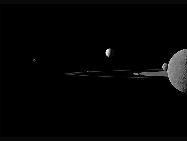 A quintet of Saturn's moons come together in the Cassini spacecraft's field of view for this portrait. (NASA/JPL-Caltech/Space Science Institute )