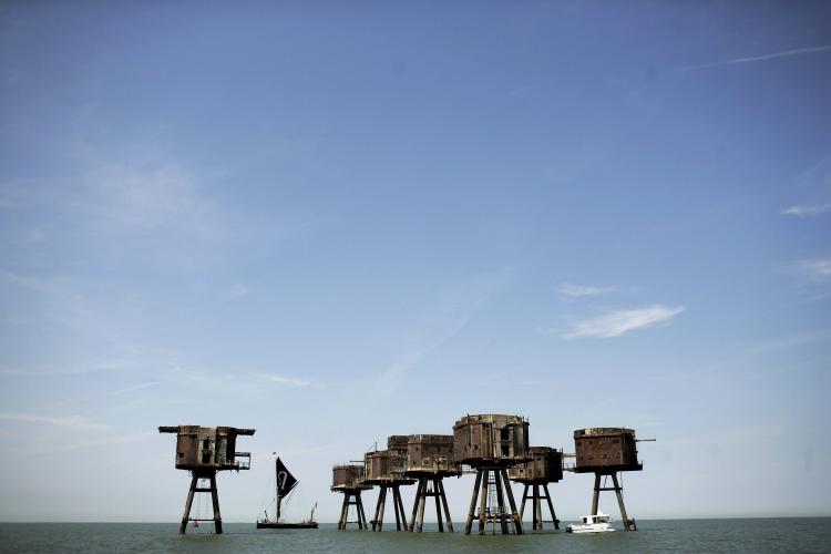 General view of Redsand towers on June 30, 2006 in Whitstable, England. The Redsand Towers, coded 'Uncle 6' during WW2, were built to protect supply ships from the German magnetic influence mines. The forts succeeded in shooting down 22 planes and 30 flying bombs. (Bruno Vincent/Getty Images)