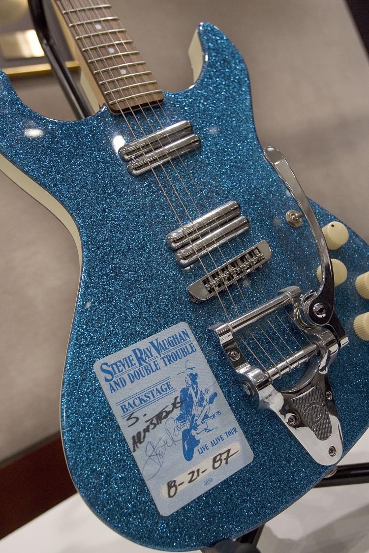 A Danelectro guitar owned by Stevie Ray Vaughn, valued between $1,000 and $1,500 is displayed at Christie's. The legendary singer died exactly 20 years ago in a helicopter accident on Aug. 27. (Stephen Chernin/Getty Images)
