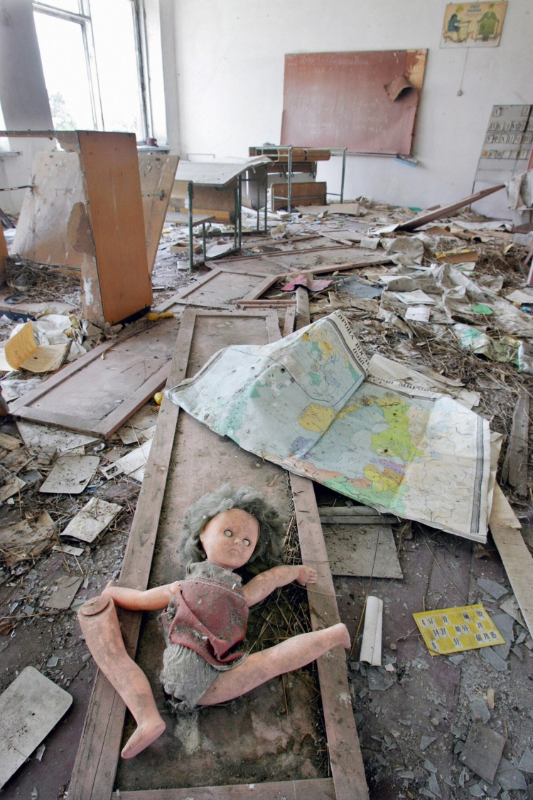 A classroom in the Ukraine 20 years after the entire population fled the city. Once a premier European destination, Prypiatâ��located next to the 1986 Chernobyl nuclear disasterâ��is now overtaken with weeds and wildlife. (VIKTOR DRACHEV/AFP/Getty Images)