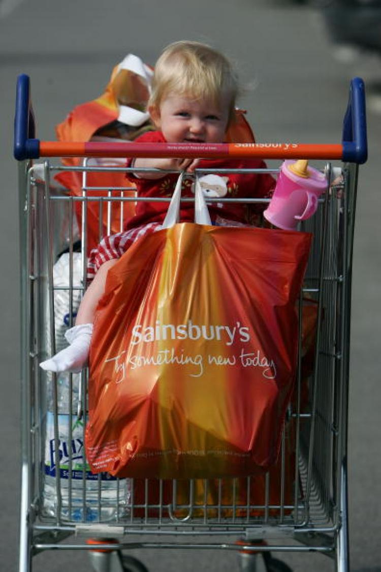 A one year old girl sits in a supermarket trolley. Heavily discounted food prices, used to entice the recession- hit public are thought to have seen off a further rise in inflation and a possible future rise in interest rates. (Christopher Furlong/Getty Images)
