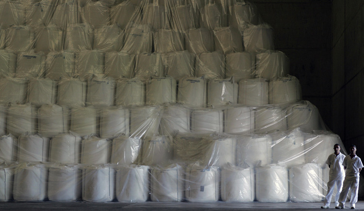 Two workers stand in front of a pile of refined sugar 