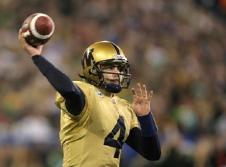 Ryan Dinwiddie 4 of the Winnipeg Blue Bombers in Toronto, Ontario, Canada.  (Harry How/Getty Images)