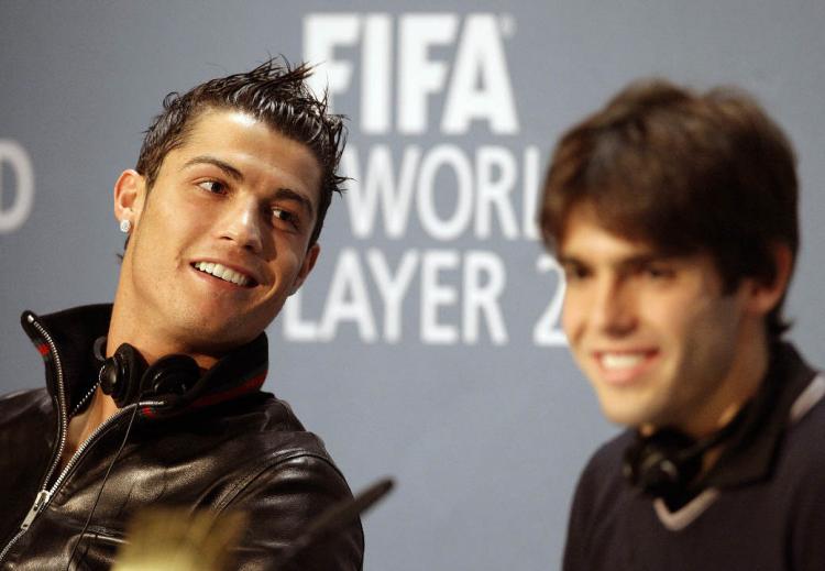 Real MadridÃ¢ï¿½ï¿½s new record breaking signings Ronaldo (L) and Kaka (R) may make their debut for Real Madrid against Shamrock