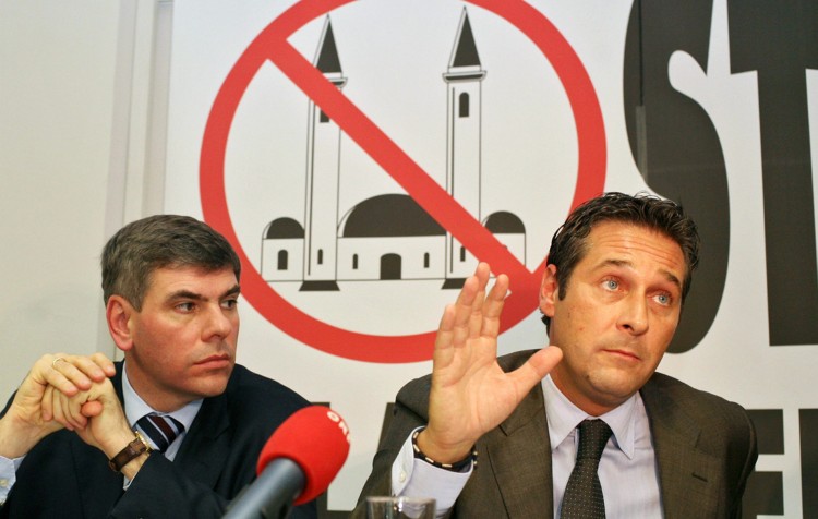 Filip Dewinter (L) of Belgian right wing party Vlaams Belang, and Heinz-Christian Strache (R), of Austrian right-wing party FPO (Freedom Party of Austria) attend a press conference to present the organization of 'Cities against Islamization' in Antwerp, Jan. 2008. (Jorge Dirxx/AFP/Getty Images)