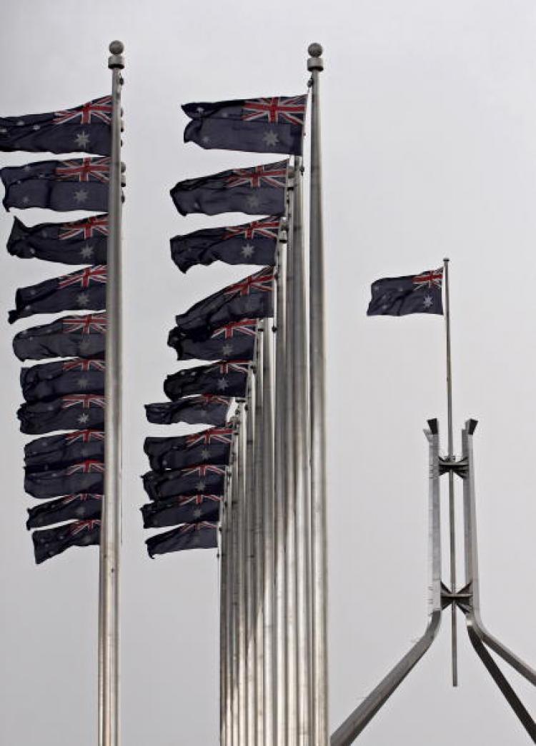 Flags at Parliament House in Canberra, Australia.  (Andrew Sheargold/Getty Images)