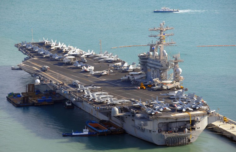 The USS Nimitz CVN 68, a nuclear-powered aircraft carrier, arrives at a naval base in the South Korean port city of Busan