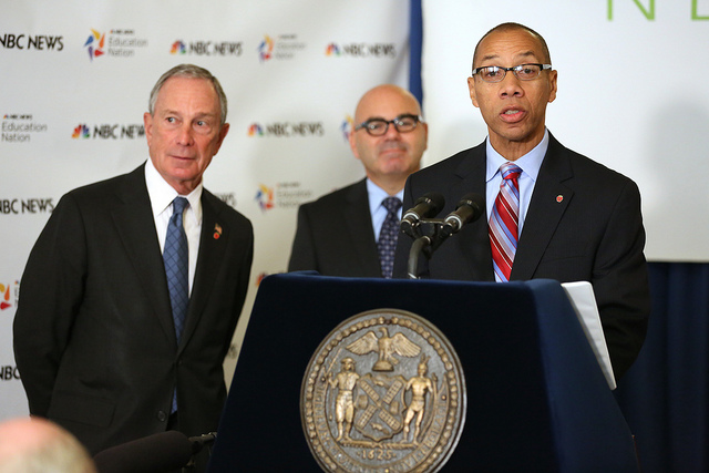 Mayor Bloomberg(L) and Schools Chancellor Walcott(R) on September 24, 2012
