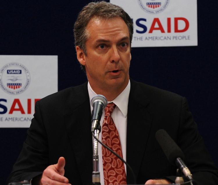 US ambassador to Thailand Eric John, speaks at the US embassy in Bangkok on May 8, 2008. John's Daughter Nicole died falling from a building in Manhattan, New York early morning on August 27.    (Nicolas Asfouri/Getty Images )