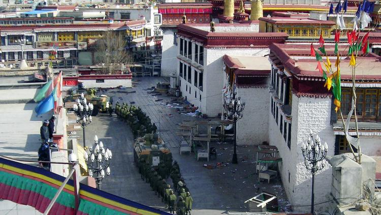 Soldiers of the Chinese Peoples Liberation Army (PLA) patrol the streets of Lhasa. (AFP/Getty Images)