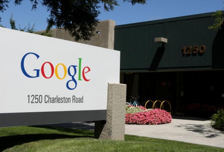 A sign is displayed outside of a Google office July 17, in Mountain View, California.  (Justin Sullivan/Getty Images)