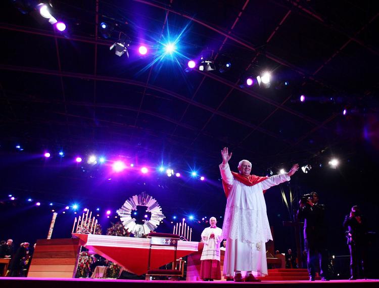 His Holiness Pope Benedict XVI waves to pilgrims. Organised every two to three years by the Catholic Church, World Youth Day (WYD) is an invitation from the Pope to the youth of the world to celebrate their faith. (World Youth Day via Getty Images)