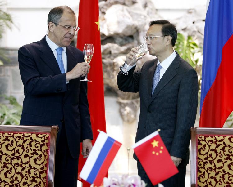 Russian Foreign Minister Sergei Lavrov, left, with Chinese Foreign Minister Yang Jiechi after they signed documents on a border agreement on July 21, 2008 in Beijing, China.  (Andy Wong/Getty Images)