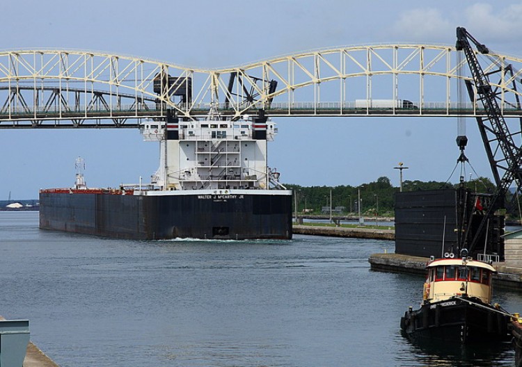 A freighter heads into Lake Superior after negotiating the Soo Locks at Sault Ste. Marie, Michigan. New York is proposing tough regulations on ballast waters to protect the Great Lakes from invasive species. (Karen Bleier/AFP/Getty Images)