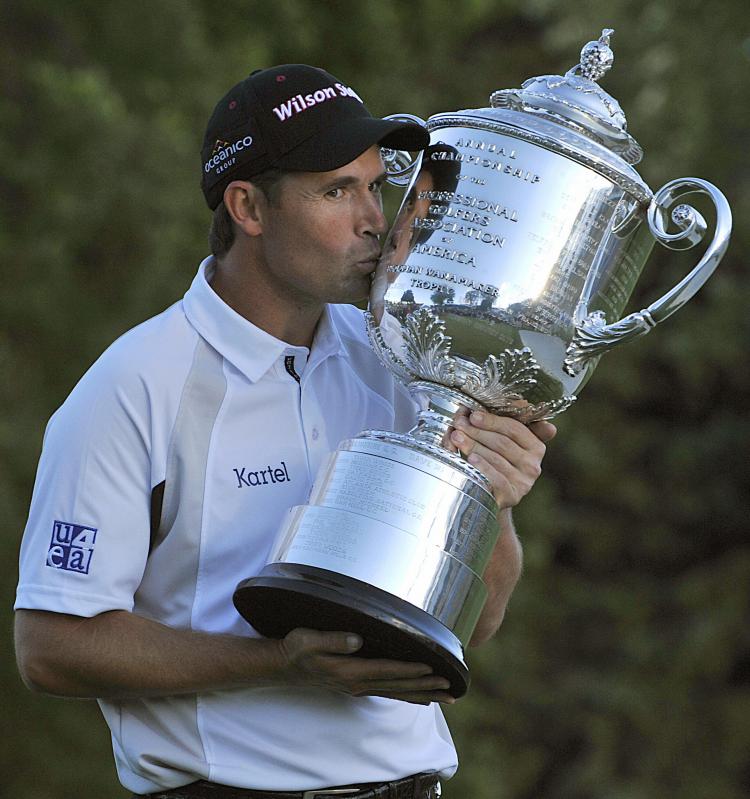Padraig Harrington of Ireland kisses the Wanamaker Trophy after winning the 90th PGA Championship August 10, 2008 at the Oakland Hills Country Club (South Course) in Bloomfield Township, Michigan. Harrington won the PGA championship at three under par. (KAREN BLEIER/AFP/Getty Images)
