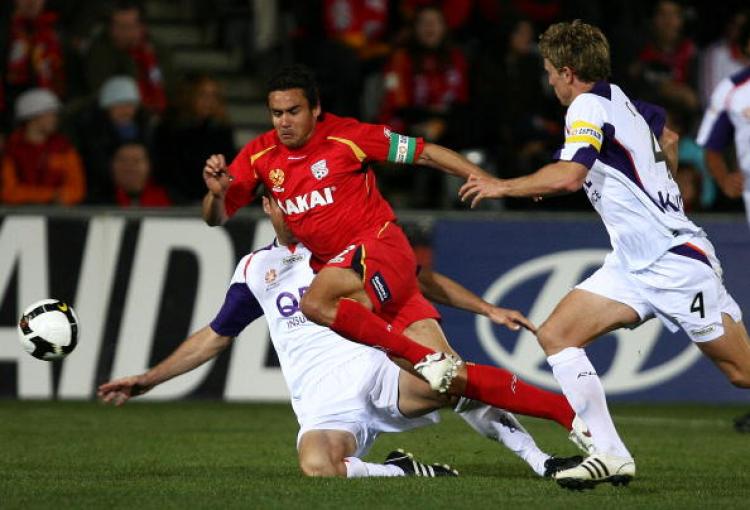 Captain Travis Dodd scored the winning goal against Perth Glory in his 100th appearance for Adelaide United. (Simon Cross/Getty Images)