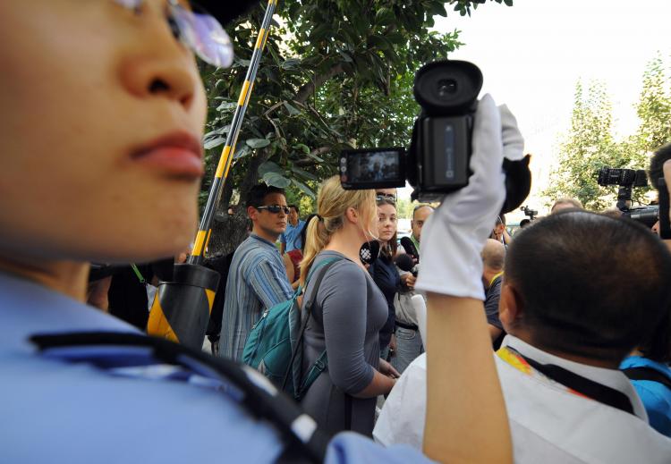 Ginger Cassady (C), a 'Students for a Free Tibet' activist from San Francisco, as she talks to reporters in Beijing on August 22, 2008. (Chai Hin/AFP/Getty Images)