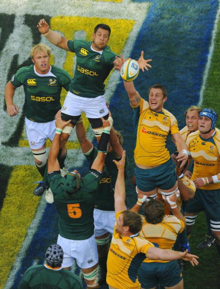Tough goingâ�¦Pierre Spies of South Africa and Hugh McMeniman of Australia compete in a line-out during the Tri-Nations match last Saturday in Johannesburg, South Africa. (Duif du Toit/Gallo Images/Getty Images )