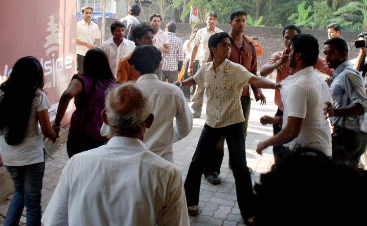 On Jan. 24, 2009 activists of hardline Hindu organisation the Sri Ram Sena (Lord Ram's Army) attack customers at the Amnesia pub in Mangalore, some 400 Kms north of Bangalore. (STR/AFP/Getty Images)