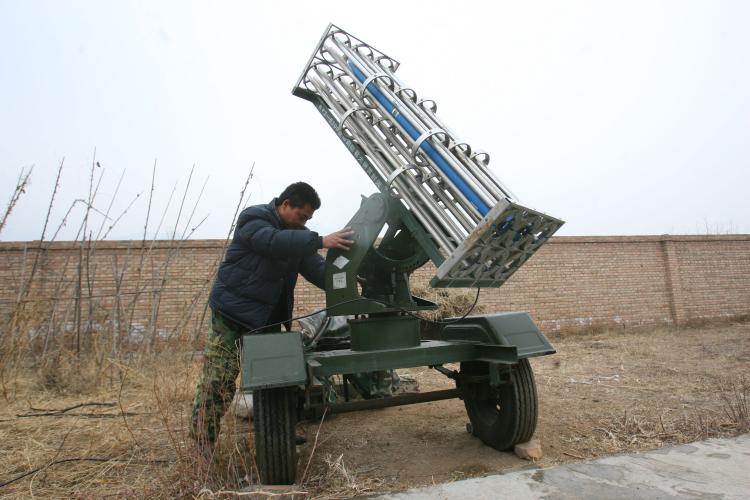 A rain enhancement facility to exploit the capital's first rainfall in 110 days in Yanqing County on February 12, 2009 in Beijing, China. (China Photos/Getty Images)