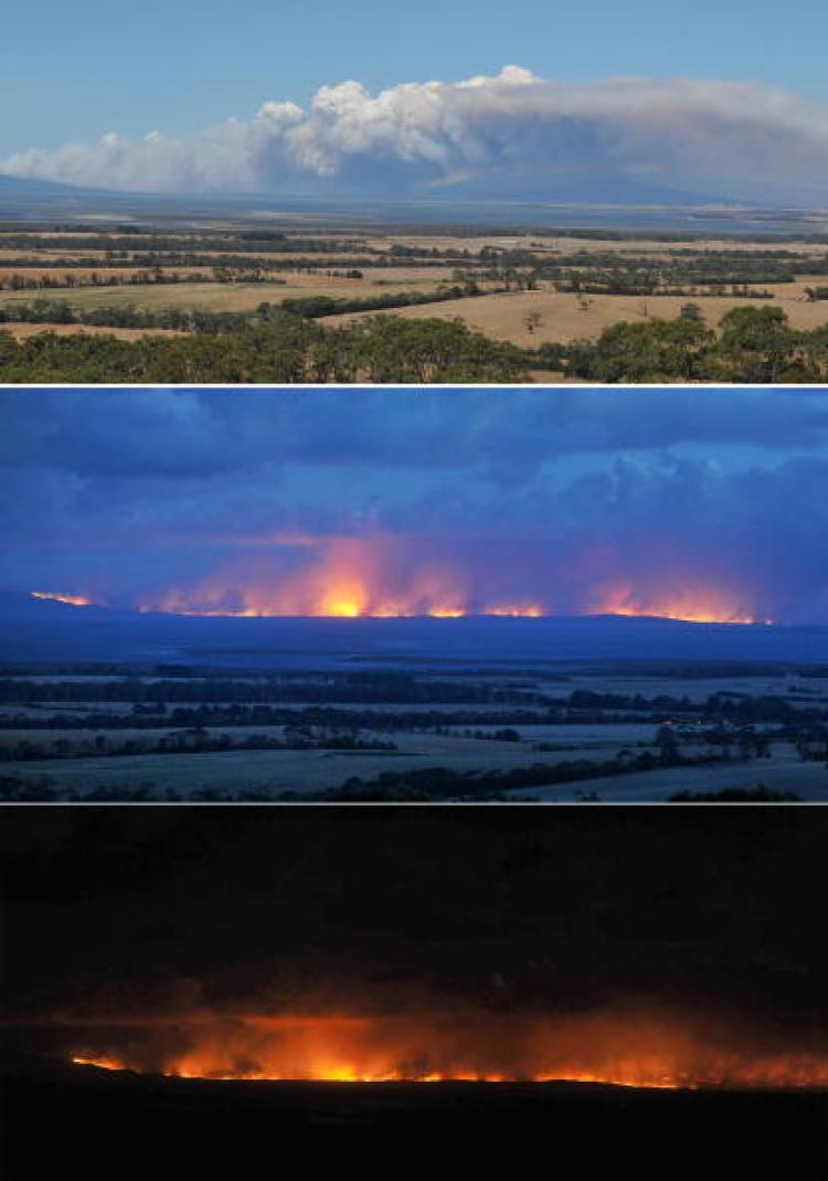This combo photo shows the progression of the Wilson's Promontory - Cathedral wildfire which, started by a lightning strike has ripped through over six thousand hectares of the pristine Wilson's Promontory national park some 190km southeast of Melbourne o (Paul Crock/AFP/Getty Images)