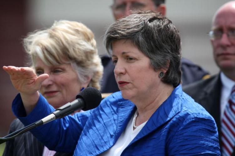 Department of Homeland Security (DHS) Secretary Janet Napolitano, along with Rep. Jane Harman, D-Venice, California, talks to reporters as she to tours security features at the Port of Los Angeles on April 13, 2009 in San Pedro, California. (David McNew/Getty Images)