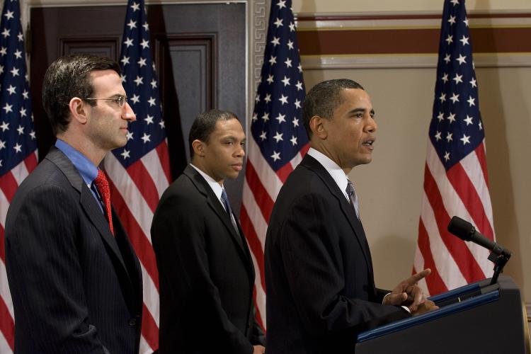 REDUCING COSTS: US President Barack Obama (R), accompanied by Director of the Office of Management and Budget (OMB) Peter Orszag (L) and Deputy OMB Director Rob Nabors as he delivers remarks on the terminations, reductions and savings in the FY2010 budget ((JIM WATSON/AFP/Getty Images))