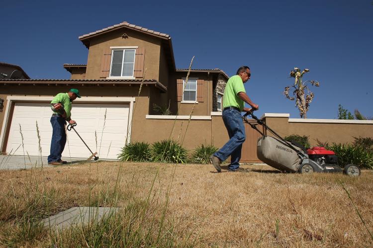 Insta-Green USA owner Dave Milligan (R) and Bruce Cooney trim dead grass and weeds before dying the lawn green of a foreclosed home to blend with the green lawns of the rest of the neighborhood May 15, in Perris, California. (David McNew/Getty Images )