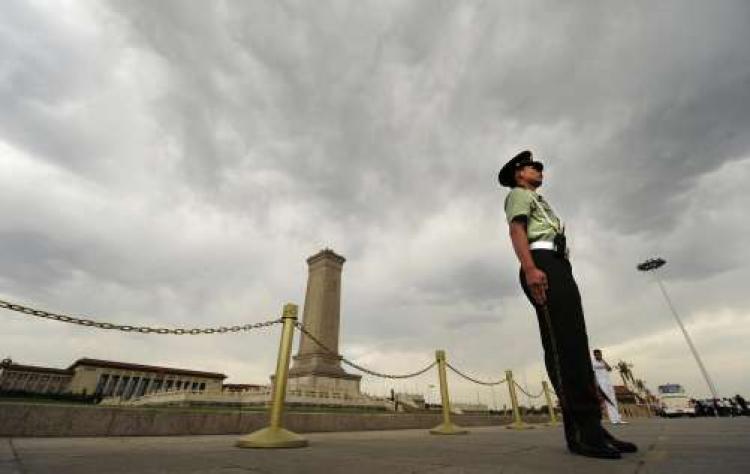A Chinese paramilitary policeman stands guard in front of Tiananmen Square in Beijing on June 1, 2009. (Peter Parks/AFP/Getty Images)