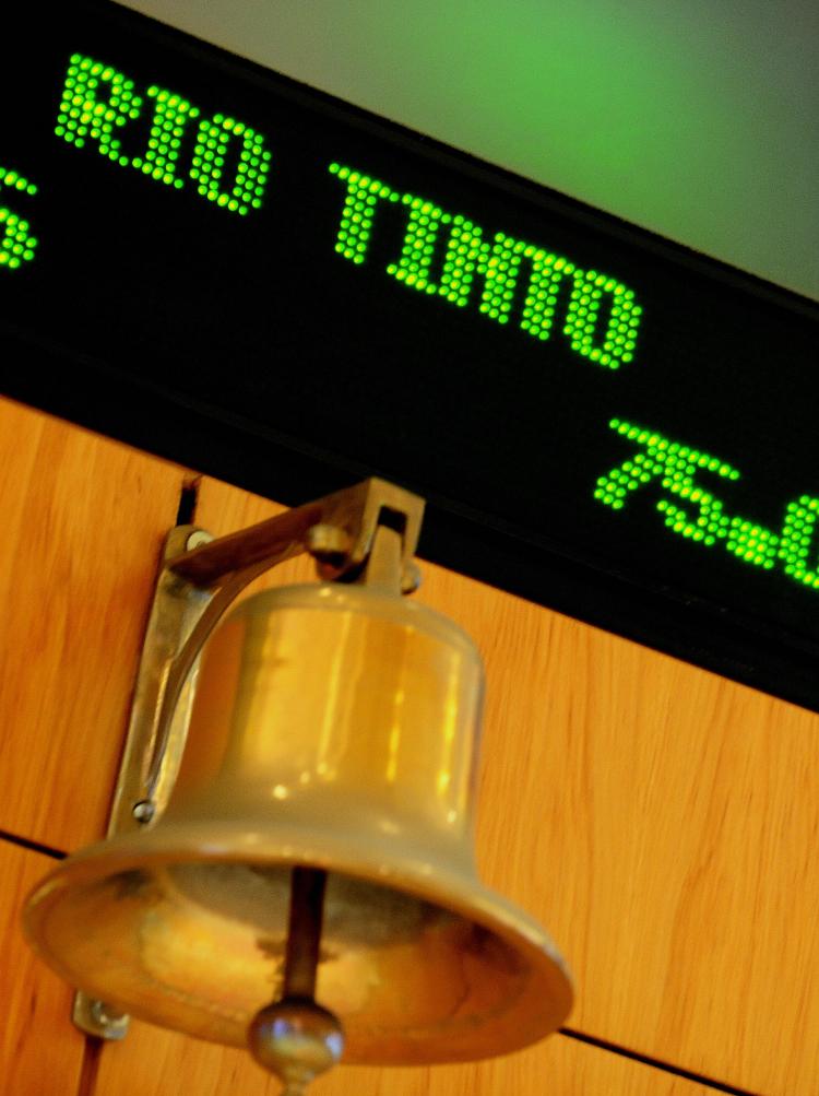 NO DEAL:Rio Tinto signage scrolls past the opening bell at the Australian Stock Exchange in Sydney on June 5 (GREG WOOD/AFP/Getty Images)
